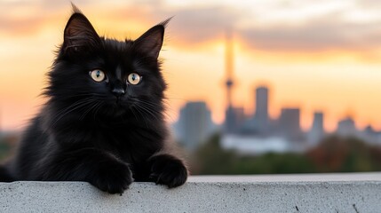 Black fluffy cat is lying down on a concrete ledge with a blurred city skyline at sunset visible in the background.
