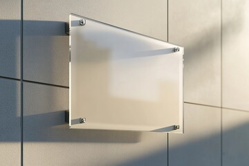 3D rendering of a glass sign on a wall mockup. A blank, transparent plate with square edges