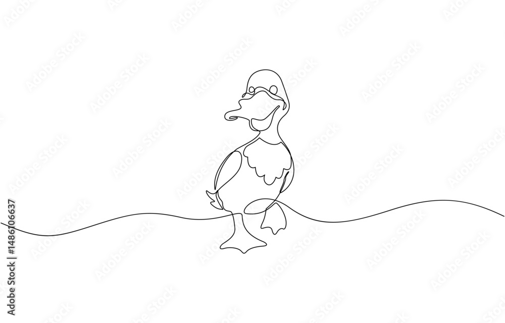 Poster continuous single one line art drawing, duck single continuous one line out line vector, duck contin