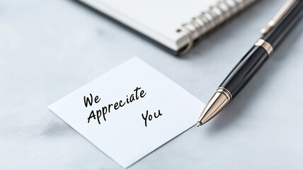 Sticker with the inscription We Appreciate You lies on the office desk next to an expensive pen. Concept of employee appreciation, corporate culture, motivation and encouragement in the work environme