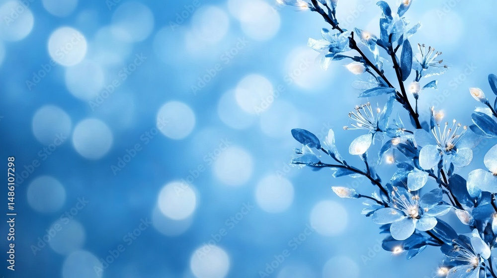 Poster blue flowers blooming on branches sparkle against a soft bokeh background creating a serene atmosphe
