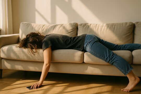 A woman in jeans and a black shirt lies facedown on a beige sofa in a sunlit room, her arm limp with a phone in hand. The image captures exhaustion and digital fatigue, symbolizing mental burnout