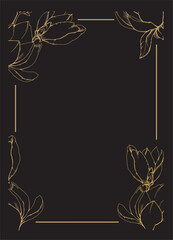Vector template for celebration,  greeting card and poster save the date.   Floral frame with golden line flowers on a black background.  