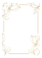 Vector frame for wedding invitation and greeting card. Floral border with golden lines flower on white background. 