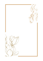 Vector frame for wedding invitation and greeting card. Border with golden lines flower magnolia on white background.  Premium design for celebration.
