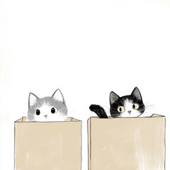 Two cute cats sitting inside cardboard boxes illustration on white background