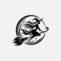 Elegant dark vector witch logo with pointed hat riding broomstick and motion swirls Halloween concept