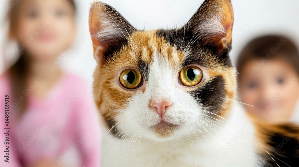 Poster calico cat stares directly into the camera with blurred children visible in the background.