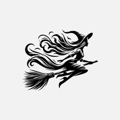 Elegant dark vector witch logo with pointed hat riding broomstick and motion swirls Halloween concept