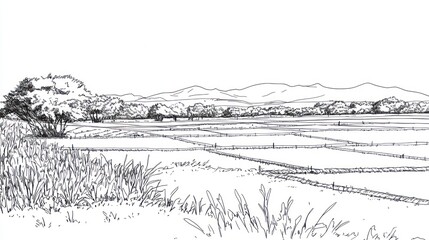 Fototapeta premium Rural rice paddy landscape drawing