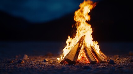 Campfire burns brightly outdoors during nighttime with stacked wooden logs and visible flames.