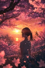 Woman contemplating sunset in cherry blossom garden