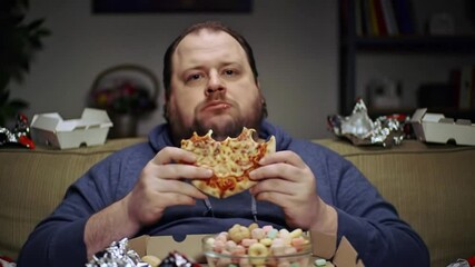 A chubby Man with pizza slice and cereal bowl in front of him on the couch at his home eating