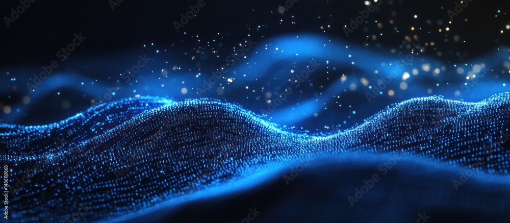 Poster abstract blue digital landscape: a mesmerizing visualization of data points forming undulating hills