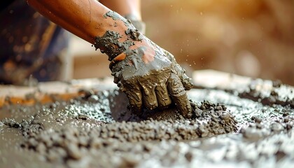 Obraz premium Hand In A Dirty Work Glove Mixing Wet Cement On A Construction Site Under Warm Sunlight