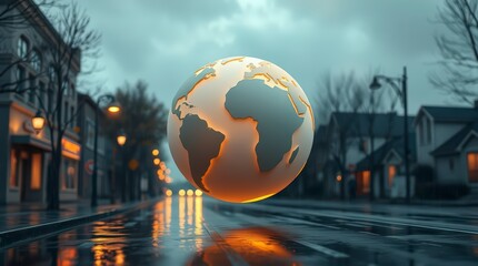 Glowing Earth Floating Over City Street