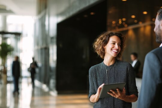 A businesswoman discusses work while holding a tablet with a colleague in the office hallway.