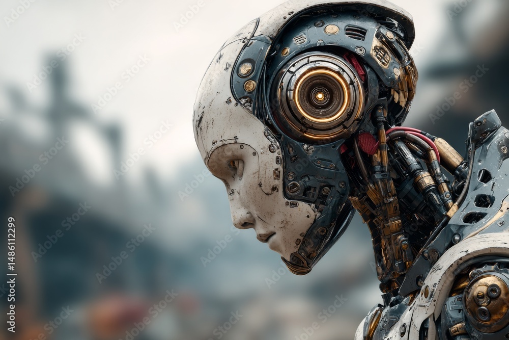 Poster detailed robot head and shoulders in profile showing complex mechanical structure and worn white sur