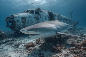 Obraz premium Impressive shark swims near sunken airplane wreck on the seabed, aquatic wildlife exploration, underwater scene