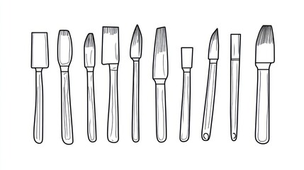 Various art brushes, black and white line drawing