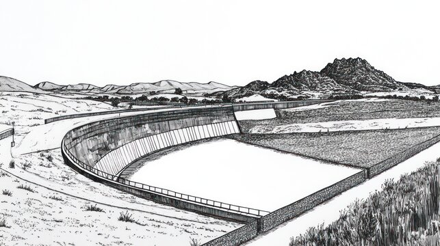 Dam Landscape Drawing, Sketch, Rural Area