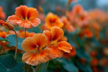 Fototapeta premium Vibrant orange nasturtium blooms in a garden with lush foliage, illuminated by gentle natural light, creating peaceful atmosphere