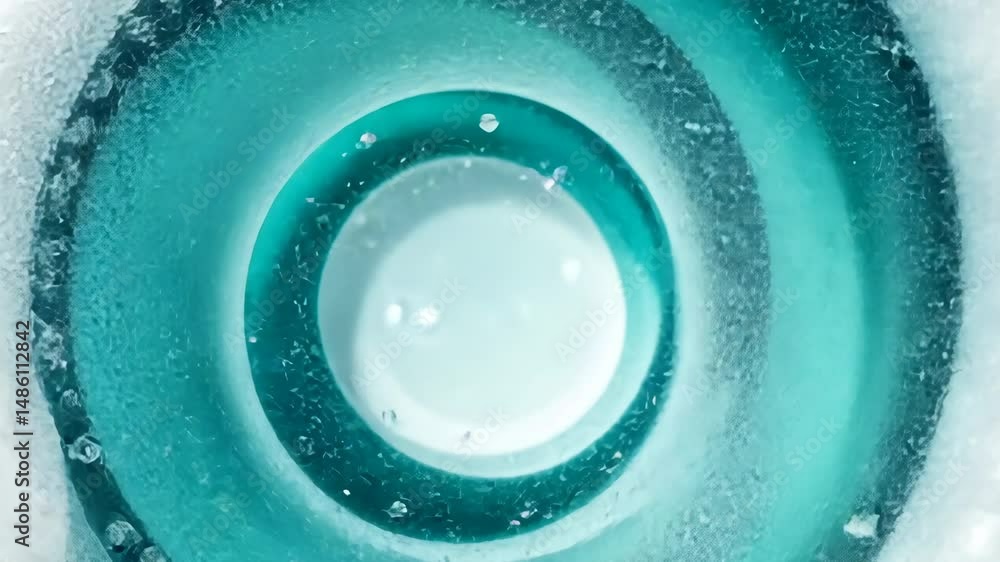 Poster close up of circular glass with bubbles and water, creating refreshing atmosphere