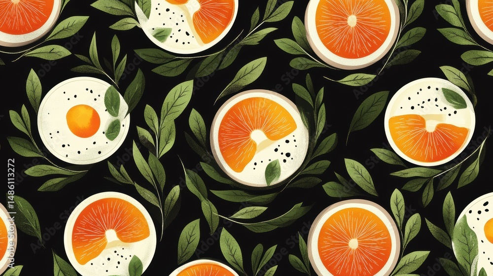 Poster seamless pattern of orange slices and egg yolks with leaves on black background.