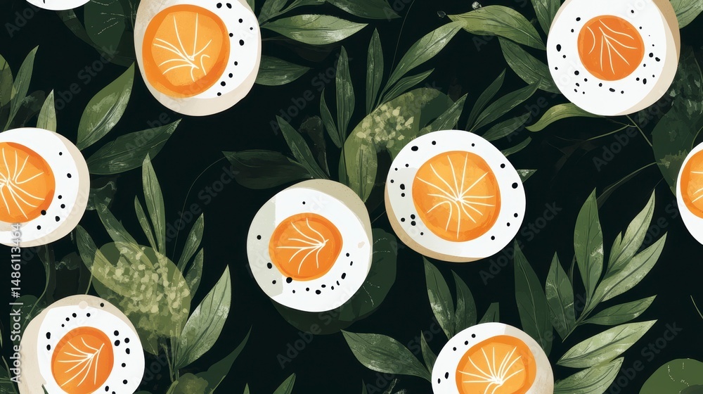 Poster seamless pattern of halved eggs and tropical leaves on dark background.