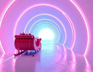 Red Sleigh In A Neon Lit Tunnel With Gifts And Ornaments