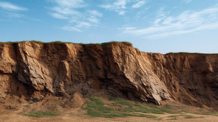 Obraz premium Eroded cliff face shows layered rock formations under a partly cloudy sky, revealing nature's sculpting processes and geological textures on the rugged terrain.
