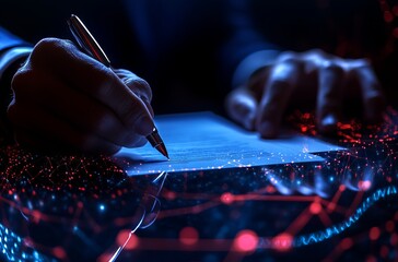 Close-up of a Handwriting Business Report with Emerging Digital Network Overlay Representing Data Intelligence and Innovation