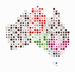 Australia, shape of the country built of colored cells. Digital style map of Australia on white background. Large size square blocks. Amazing vector illustration.
