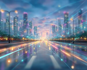 Fototapeta premium Realtime City Insights depicted in vibrant futuristic vector style, glowing lines connecting vehicles, devices, and buildings across the frame