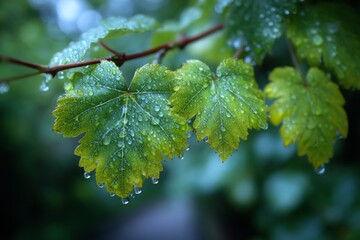 Grapevine Leaves Clinging to Branch, Dew Drops Sparkling After Rain, Lush Greenery, Detailed Veins, Close-Up