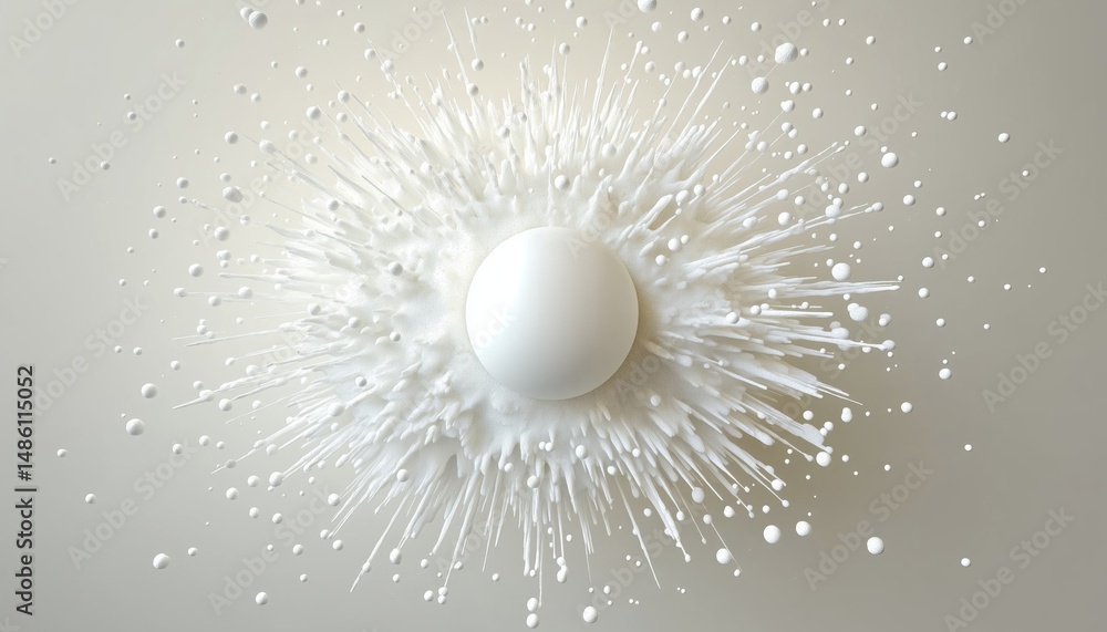Poster white circular explosion with random rays and small circles emanating from moving sphere, resembling