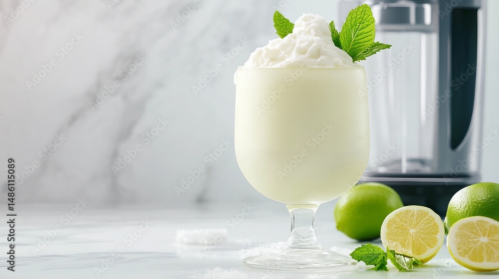 Poster daiquiri drink is displayed with lime garnish on a white marble surface with blender visible in the 