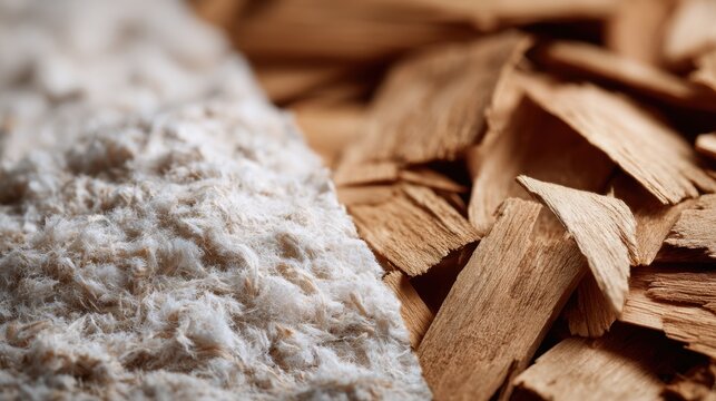 Toilet paper pulp. Textured wood shavings and fabric fibers contrasting in a close-up view.