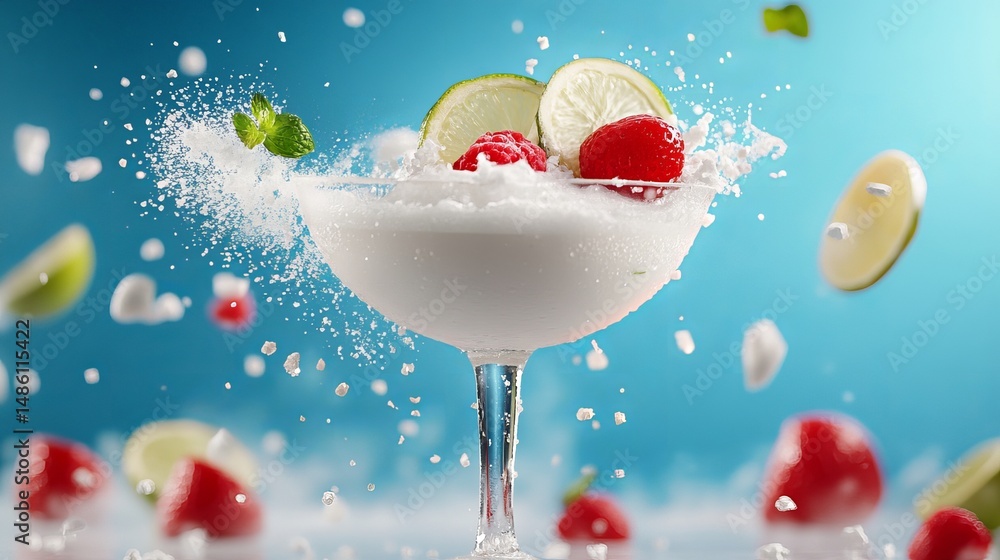 Poster daiquiri drink is splashing with raspberries and lime slices against a blue backdrop, creating a dyn