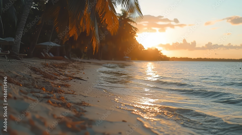 Poster beach with palm trees and a sunset in the background. the water is calm and the sky is orange