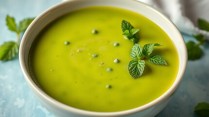  Green pea soup with mint leaves in a plain white bowl on pale blue background