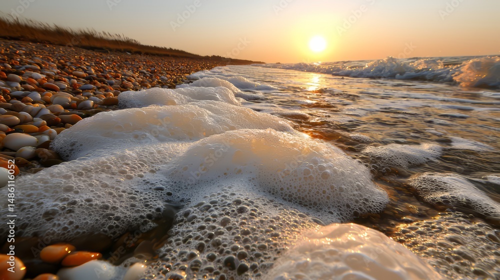 Aufkleber Beach with foam and bubbles in the water. The foam is white and the bubbles are small. The sun is setting in the background, creating a warm and peaceful atmosphere