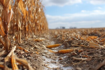 Close-up Focus on Corn Field with Ripe Ears of Corn on Soil, Agricultural Landscape, Rows of Plants Under Sky
