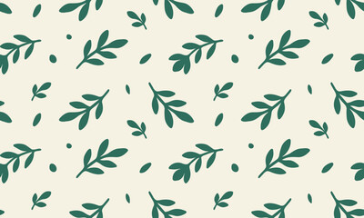 Green flower branches on cream-colored background. Minimalistic botanical seamless pattern, vector illustration in flat style. Perfect for fabric design, wallpapers, and eco-friendly branding.