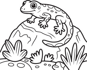 Monochrome Line Art Illustration of a Lizard Resting on a Rock