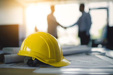 Hard hat on blueprints with a business handshake in a sunlit office