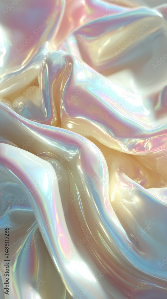 Poster shimmering iridescent fabric flowing smoothly in soft light with subtle color variations and glossy 
