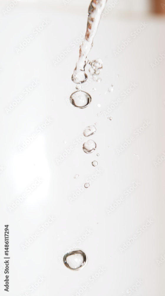 Poster clear water droplets descending from a faucet in crisp light against a soft background creating a fr