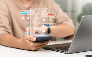 Man use smart watch for health care technology monitoring, ai analysis body to report and check health. Application track health Concept