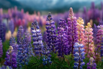 Obraz premium Lupinus field showcases variety of blooms in pink, yellow and purple with mountain backdrop; floral, meadow, nature